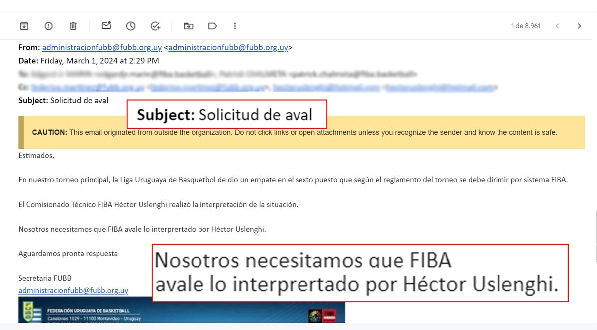 En el mismo, la FUBB comunica "Nosotros NECESITAMOS que FIBA avale lo interpretado por Héctor Uslenghi".

Incluso el asunto es "𝗦𝗼𝗹𝗶𝗰𝗶𝘁𝘂𝗱 𝗱𝗲 𝗮𝘃𝗮𝗹".

La FUBB no consulta sobre la regla, INCITA a que avalen el informe de Uslenghi que coloca a Biguá como sexto.