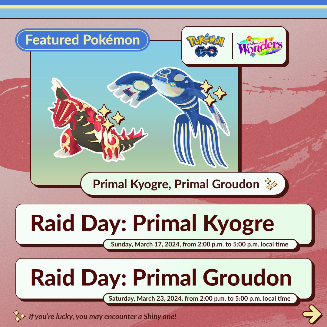 PokemonGoApp's tweet photo. The titans of the Hoenn region are descending this month in upcoming Raid Days!

Primal Kyogre is featured on March 17 from 2:00 p.m. to 5:00 p.m. local time, and Primal Groudon on March 23 from 2:00 p.m. to 5:00 p.m. local time! 

https://t.co/i9w3461t0y https://t.co/mgWc0ItpJ4