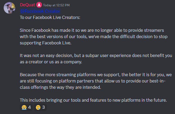 StreamElements is ending support for Facebook Live creators. 

#StreamerNews #TOSgg