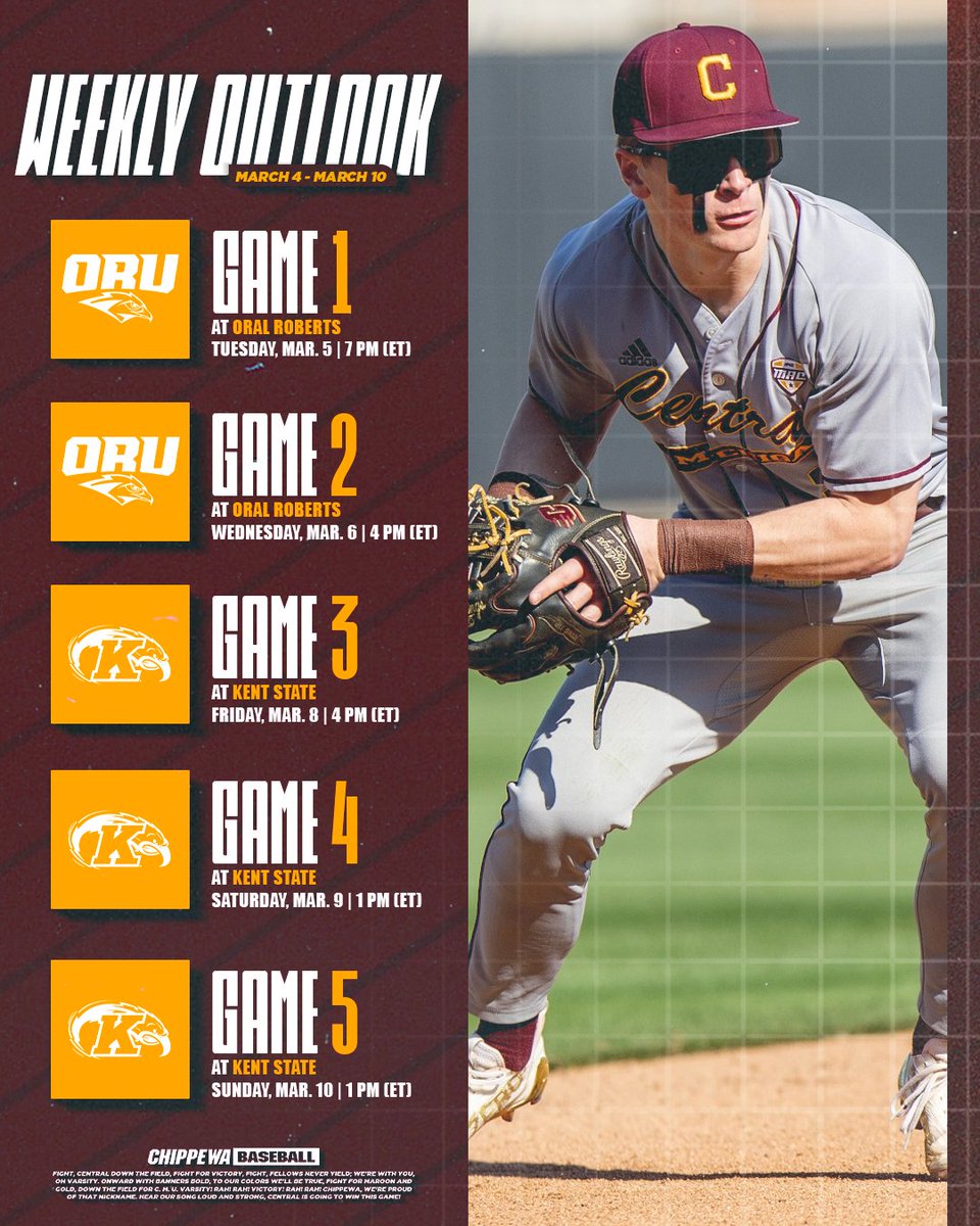 CMUBaseball's tweet photo. Looking Ahead 👀

Busy week for the boys once again as we start the week against Oral Roberts and finish out the weekend against the Golden Flashes ⚡

#FireUpChips🔥⬆️⚾ https://t.co/D5a9yQrgAI