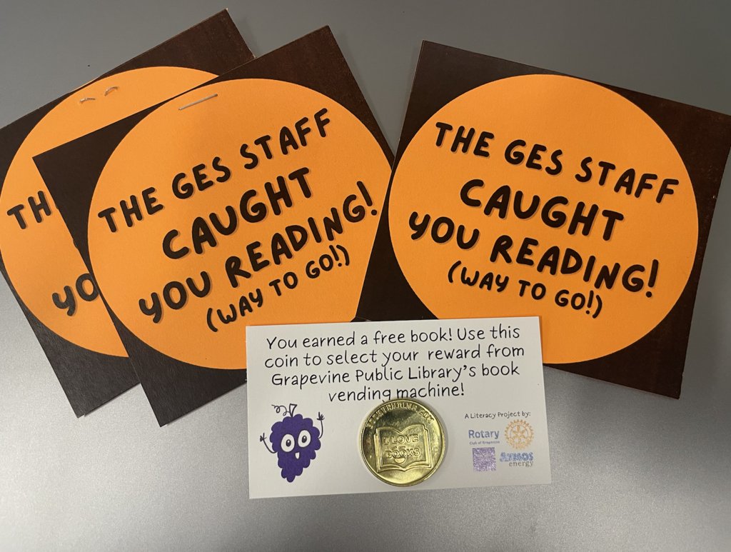 This week, our staff will be catching for kids reading during Read Across America week! We have partnered with the Grapevine Public Library and have 20 coins to give away for the Grapevine Public Library's book vending machine! #GESShineOn