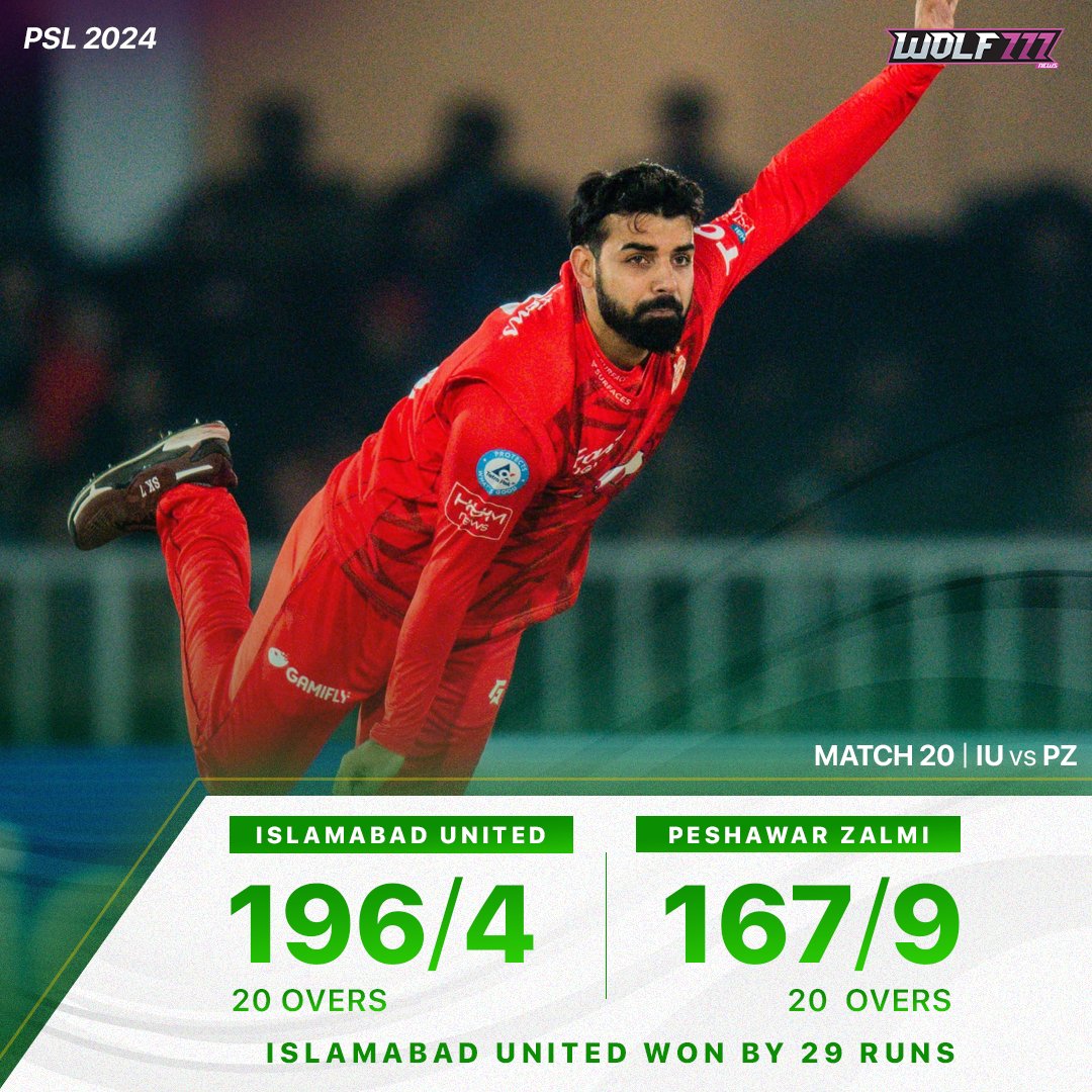 Islamabad United stun Peshawar Zalmi with a superb bowling display. Shadab Khan starred with the bat and ball, scoring 80 and taking 3 wickets. #peshawarzalmi #PSL #PSL9 #Cricket #T20 #ShadabKhan #IslamabadUnited #Wolf777news