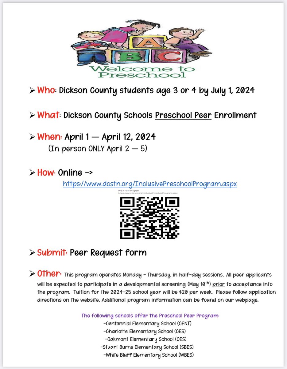 Dickson County Schools Early Learning (@dcstn_prek) on Twitter photo <a href="/DCS_TN/">Dickson Co Schools</a> Pre-K registration begins April 1st! We currently offer two wonderful options for early learning programs. <a href="/ErnestineAdams/">Ernestine Adams</a> <a href="/DrMJohnson2013/">Dr. Malissa Johnson</a> <a href="/DCSTNspePops/">Dickson County Special Populations</a> <a href="/DCS_TN/">Dickson Co Schools</a> Pre-K registration begins April 1st! We currently offer two wonderful options for early learning programs. <a href="/ErnestineAdams/">Ernestine Adams</a> <a href="/DrMJohnson2013/">Dr. Malissa Johnson</a> <a href="/DCSTNspePops/">Dickson County Special Populations</a>