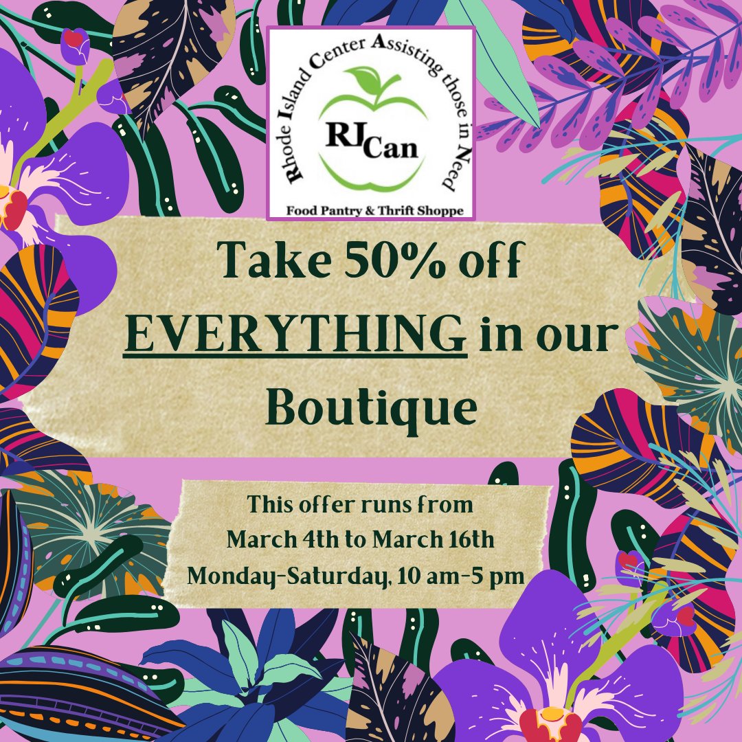 🍏🌸 RICAN Thrift Shop Spring Sale!!! 🛍️ Enjoy 50% off ALL clothing from Mar 4-16. No strings attached! Visit 805 Alton Carolina Rd, Charlestown, RI, Mon-Sat, 10 am-5 pm. Your support fuels our Pantry Programs. Shop for a cause! 🌎🍏 #SpringSavings