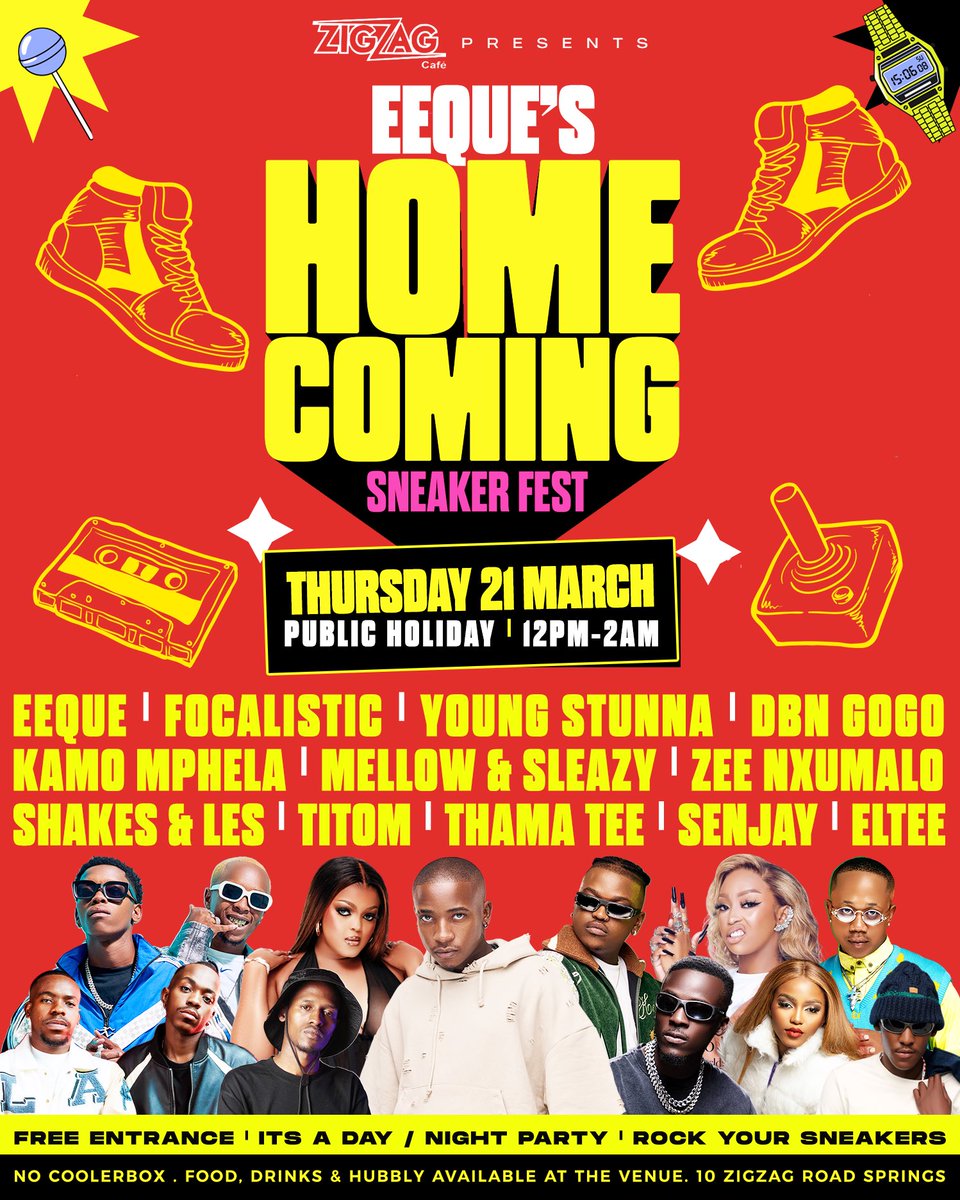 It’s always been a dream to do something huge for my hometown!! I present to you EEQUE’S HOMECOMING happening on the 21st of March ( Public Holiday 🥳) live and direct at Zigzag Cafè in Springs . It’s a FREE ENTRANCE ✅show because like I said , I just want to come celebrate !