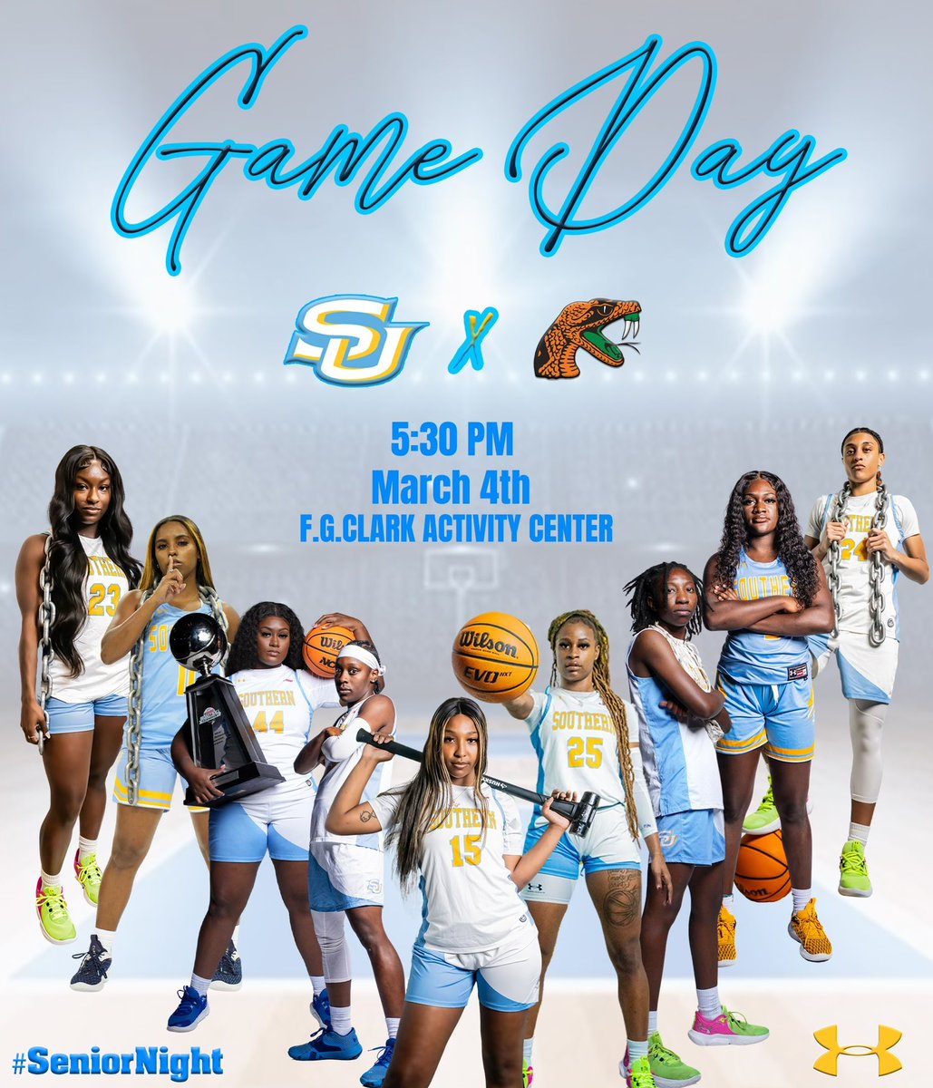 SouthernUsports's tweet photo. 🚨 🏀 Gameday 🏀 🚨 

SENIOR NIGHT 

🆚: Florida A&amp;M
⏰: 5:30 p.m. CT
📍: Baton Rouge, LA  
🏟️: F.G. Clark Activity Center 
📊: https://t.co/xaX64Vc8Jr…
📺: https://t.co/UVYDGcafYY 

#GoJags | #SouthernIsTheStandard | #ProwlOn | #ElevateTheStandard https://t.co/ags6vPURw5