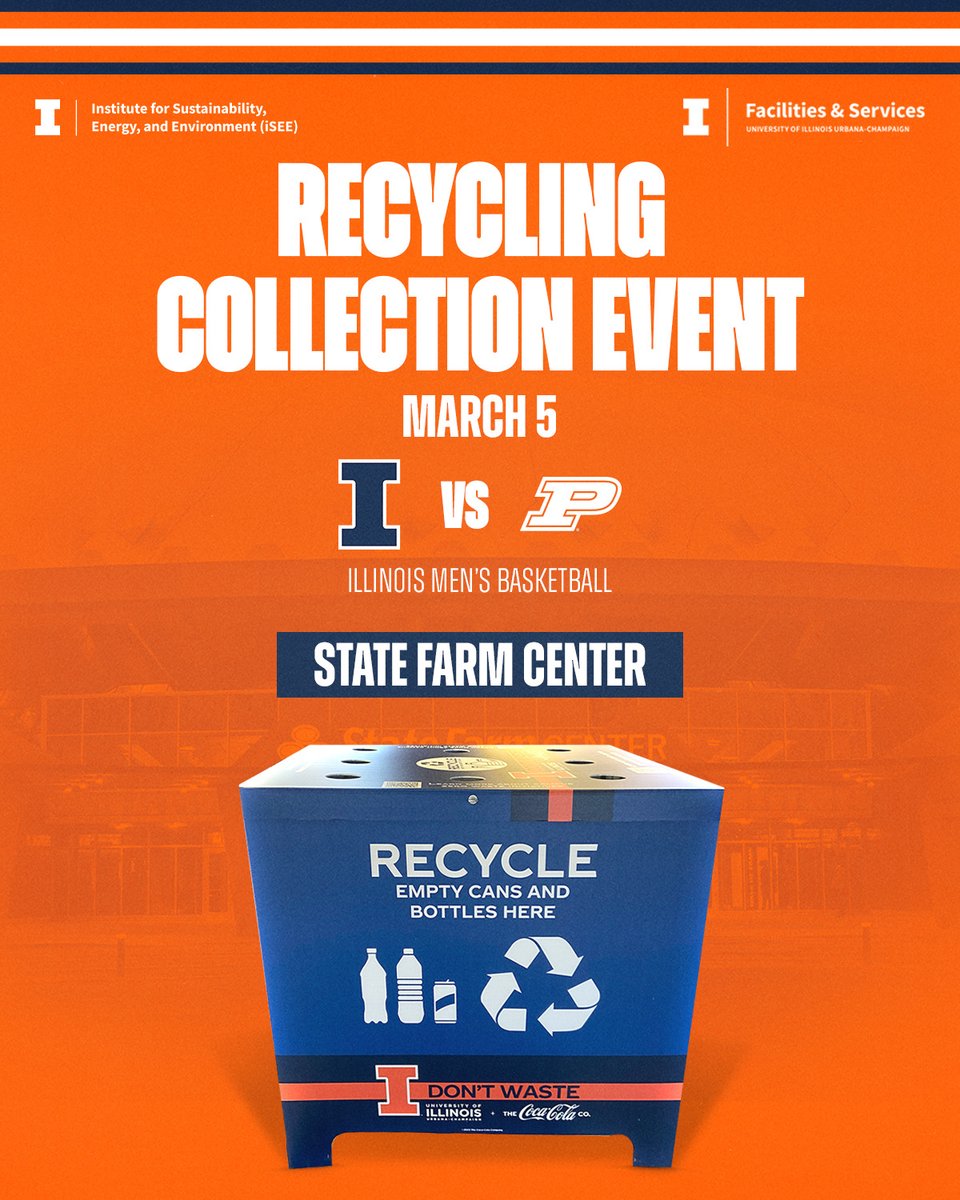 We're proudly partnering with <a href="/UofIFS/">University of Illinois Facilities & Services</a> and <a href="/sustainILLINOIS/">iSEE at U of I</a> to continue the recycling momentum at the @illinimbb Senior Day game vs. Purdue on March 5.

Keep your eyes peeled for extra staff and specialized receptacles! 👀

#Illini | #HTTO