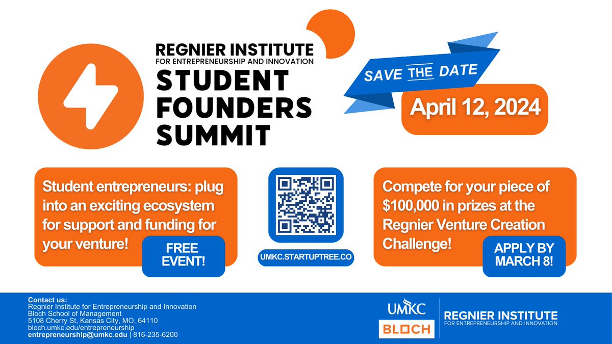 ❗️ATTENTION: DEADLINE EXTENDED TO MARCH 10TH!!❗️

📢 This year, we're launching the inaugural Regnier Student Founders Summit! Join us on April 12th for an action-packed day of learning, networking, and competing.

More info and registration at umkc.startuptree.co

<a href="/UMKCBloch/">UMKC Bloch School</a>