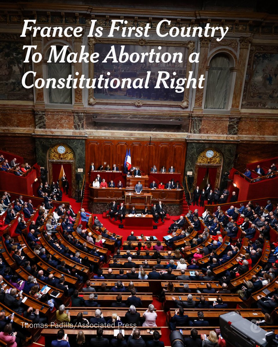 Breaking News: France voted to explicitly enshrine access to abortion in its Constitution, making it the first country in the world to do so. The impulse for the change was the decision by the U.S. Supreme Court to overturn Roe v. Wade in 2022. nyti.ms/48AFuMB