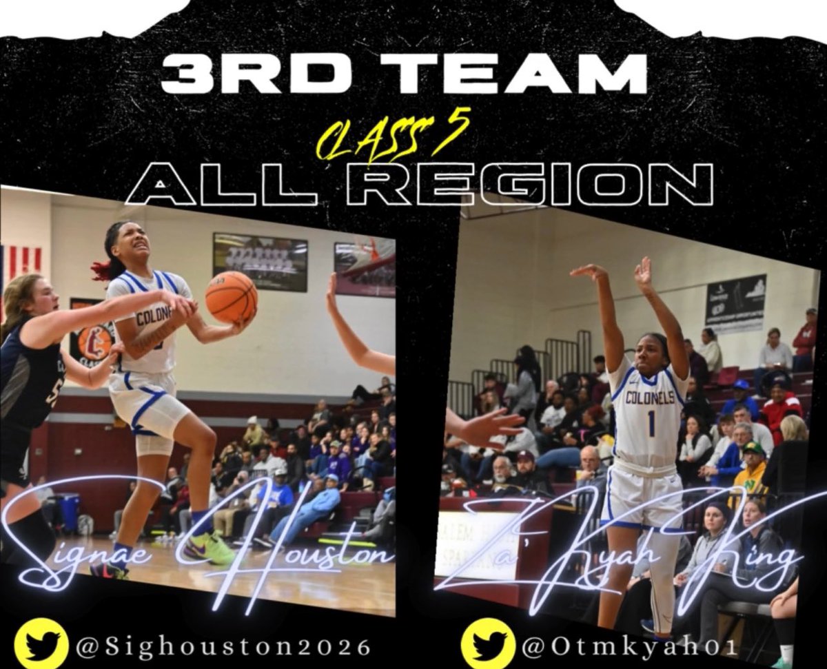 🔊Congratulations to our ‘26💫 @amariworsham35 for making Class 5 1st team All Region our💫’25 @deasia__2x for making 2nd team & our ‘26 💫@sighouston2026 & ‘26 💫@otmkyah01 for making 3rd team! Great job & Great Season ladies! 💪🏽💙💛#LadyColonels @Timesland @coachwilson7777