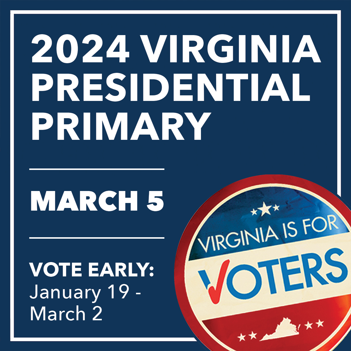 Tuesday, March 5th (Super Tuesday) is VA's presidential primary election. Make your voice heard by heading to the polls between 6am-7pm and #VOTE! Visit masonvotes.gmu.edu to learn more. Read @CampusVote's VA Guide: campusvoteproject.org/vavote