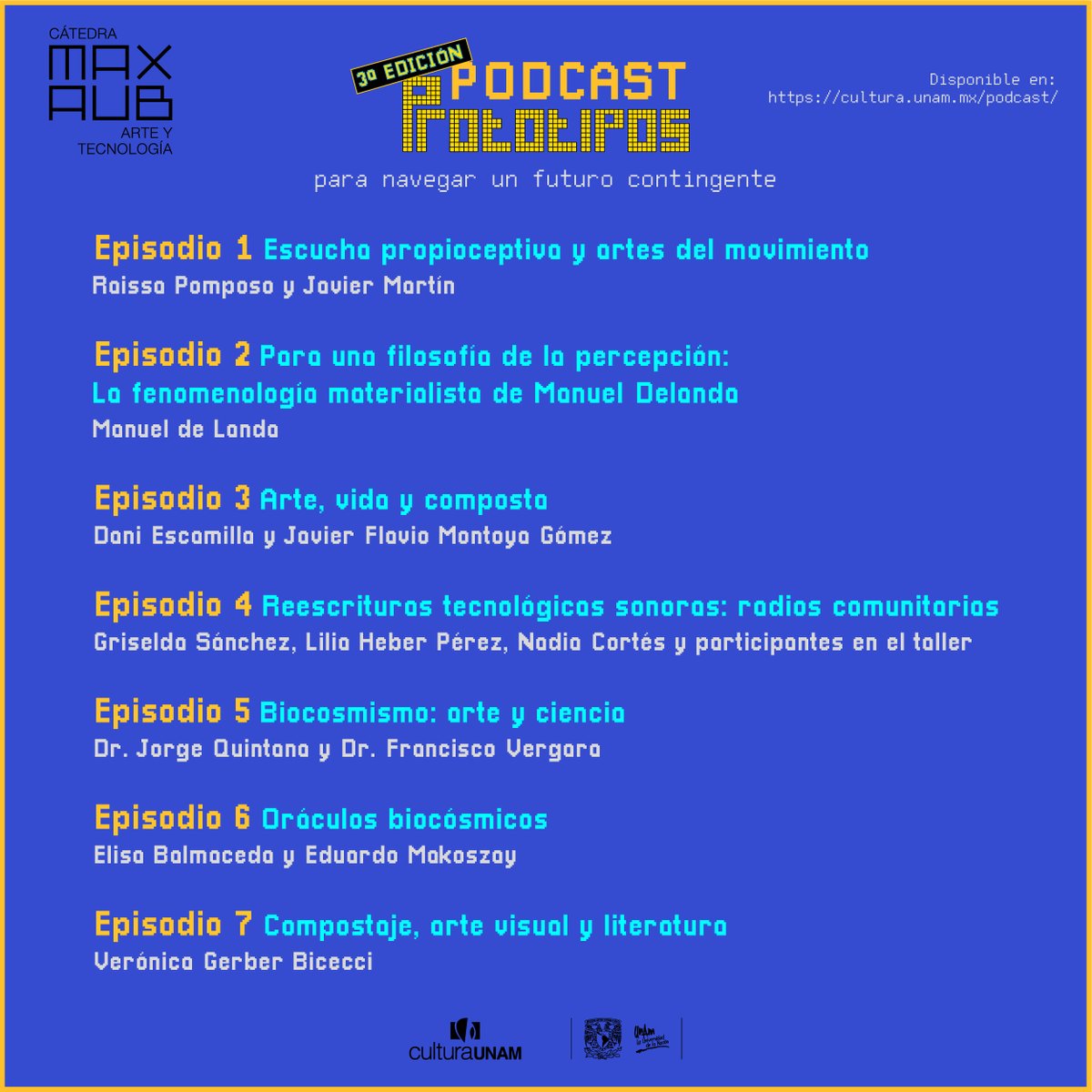 Cerramos la 3a temp. del #PodcastCulturaUNAM Prototipos para navegar
Episodios con figuras destacadas de la danza, la escritura y las artes visuales, la filosofía, prácticas ecológicas, radios comunitarias, y más...
Muchas gracias por escuchar: cultura.unam.mx/podcast/protot…