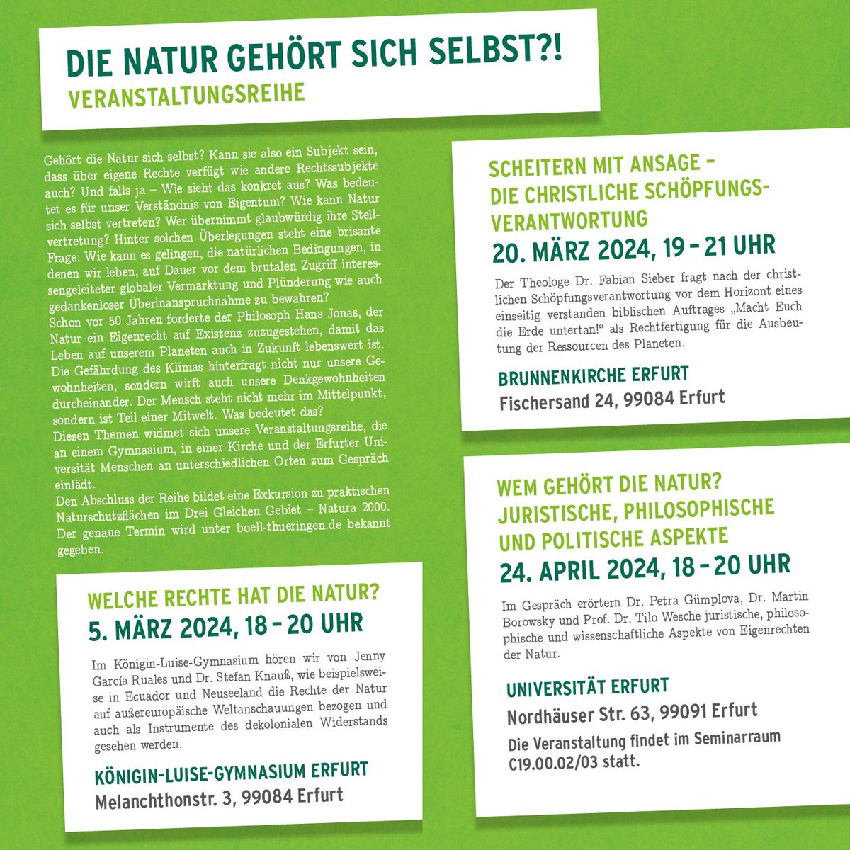 🥁Mañana in Erfurt: Auftaktvortrag bei der Vortragsreihe 'Gehört die Natur sich selbst? 🐛🦋🐌⚖️🌱🦜mit @StefanKnauss @boell_thuer @BoellStiftung Vortrag en alemán, mal schauen.... :) Kooperationspartner (& ich als Teil der) @unierfurt @rechtedernatur @_Volksbegehren_