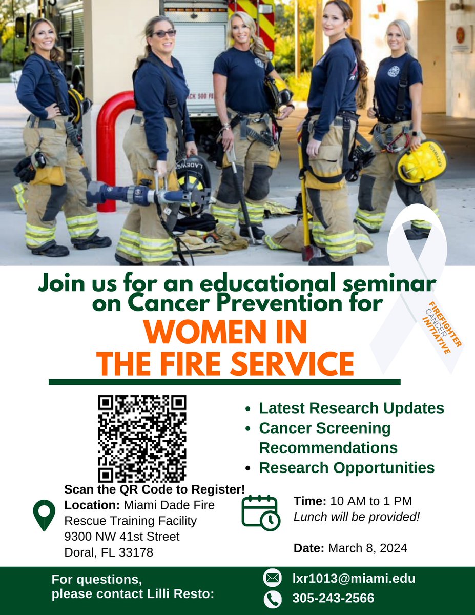 Reminder 🚨 We're hosting an in-person female firefighter seminar in Miami on 3/8 from 10am-1pm at the Miami-Dade Fire Rescue Training Facility. 🍽️ Lunch will be provided. Register here 👉 redcap.miami.edu/surveys/?s=J9T…. Questions? Email Lilli Resto lxr1013@miami.edu.