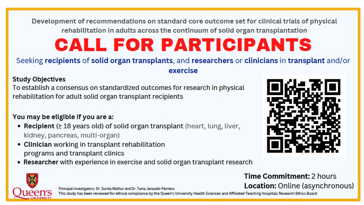 Join our new research study on core outcomes sets in transplant rehabilitation. We are looking for patient partners, clinicians and researchers in transplant rehab to be part of our expert panel #coreoutcomes @CTACanada @CNTRP @WTGF1 @Transplantoux 👇👇