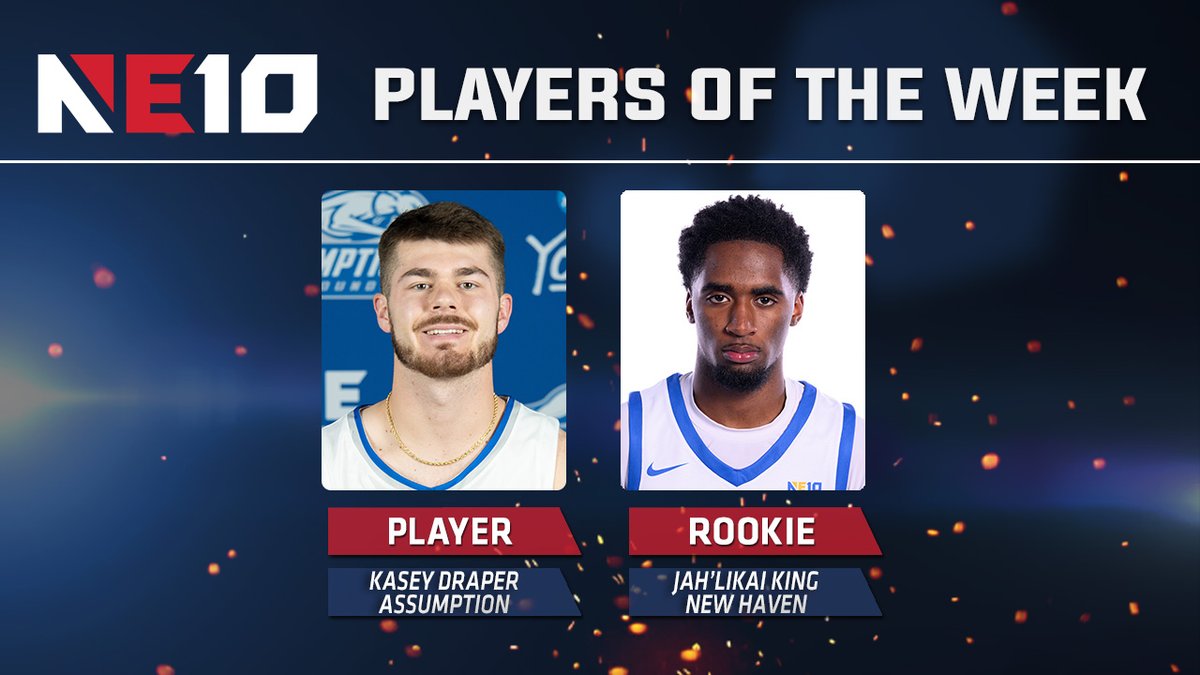 TheNortheast10's tweet photo. 𝐌𝐄𝐍'𝐒 𝐁𝐀𝐒𝐊𝐄𝐓𝐁𝐀𝐋𝐋 𝐑𝐄𝐏𝐎𝐑𝐓 - 𝐖𝐄𝐄𝐊 𝟏𝟔 🏀

Final weekly awards for the regular season go to @GoAssumptionU Kasey Draper and @UNHChargers Jah'Likai King! 

🔗: https://t.co/JPkhDd4839

#NE10EMBRACE #NCAAD2 #D2MBB https://t.co/2kJ8234Hzs
