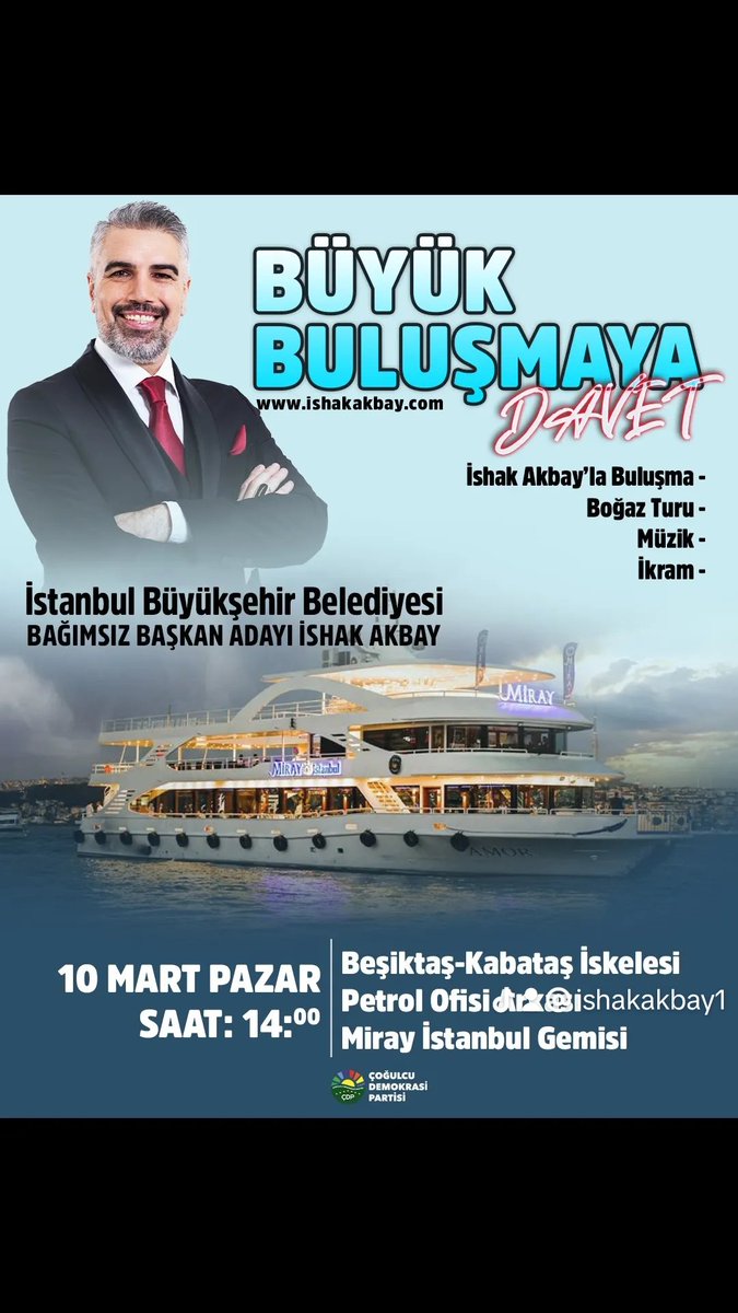 ishak_akbay's tweet photo. Ah o gemide SEN DE olsaydın..😀😀 😀 SEN yoksan bir eksiğiz...büyük buluşmaya tüm halkımız davetlidir...haydi vakit yok gemi kalkıyor artık..👏👏👏👏👍👍👍Bekleniyorsunuz...😘❤️😘❤️
İSTANBUL BÜYÜKŞEHİR BELEDİYESİ BAĞIMSIZ BAŞKAN ADAYI 

#büyükbuluşma
#çoğulcudemokrasipartisi https://t.co/pLj1HLMKuu