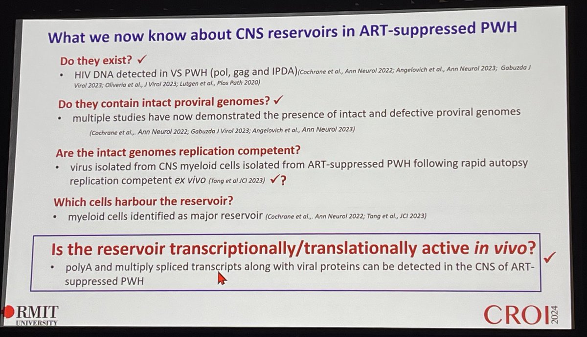 Jillian Lau (@jillianlau1) on Twitter photo Are CNS (brain) reservoirs transcriptionally active on #HIV treatment?
Prof Melissa Churchill from <a href="/RMIT/">RMIT University</a> <a href="/neuroinfections/">Neuroinfections Lab</a> says yes & this can contribute to viral reactivation.
Lots of evidence that an #HIVcure must consider reservoirs such as the brain. More on this later. Are CNS (brain) reservoirs transcriptionally active on #HIV treatment?
Prof Melissa Churchill from <a href="/RMIT/">RMIT University</a> <a href="/neuroinfections/">Neuroinfections Lab</a> says yes & this can contribute to viral reactivation.
Lots of evidence that an #HIVcure must consider reservoirs such as the brain. More on this later.