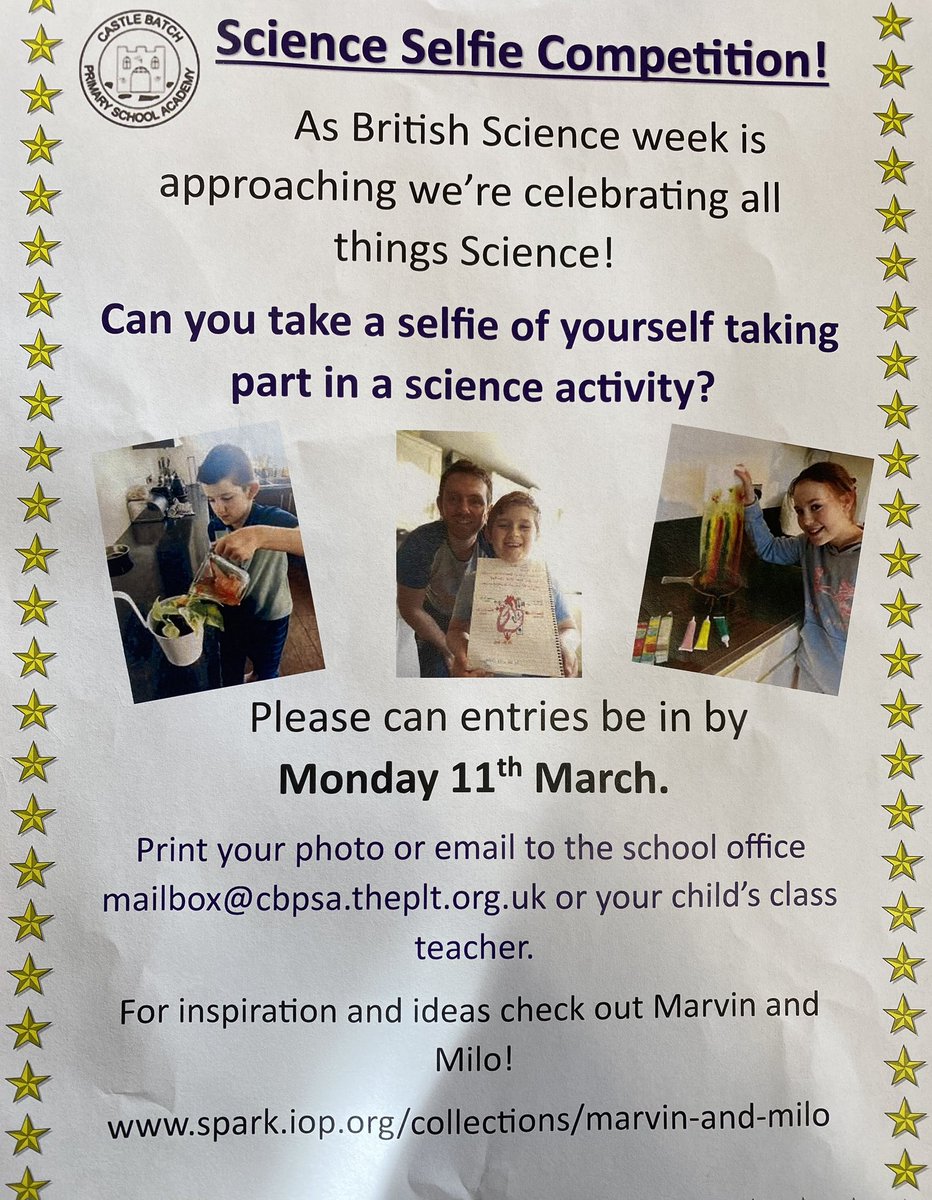 Calling all scientist’s! Don’t forget to take part in our Science Selfie Competition for British Science Week! I can’t wait to see your entries! 🔭🧪🧑‍🔬@CastleBatch @mrstayloryr5 @CBPSA_VP
