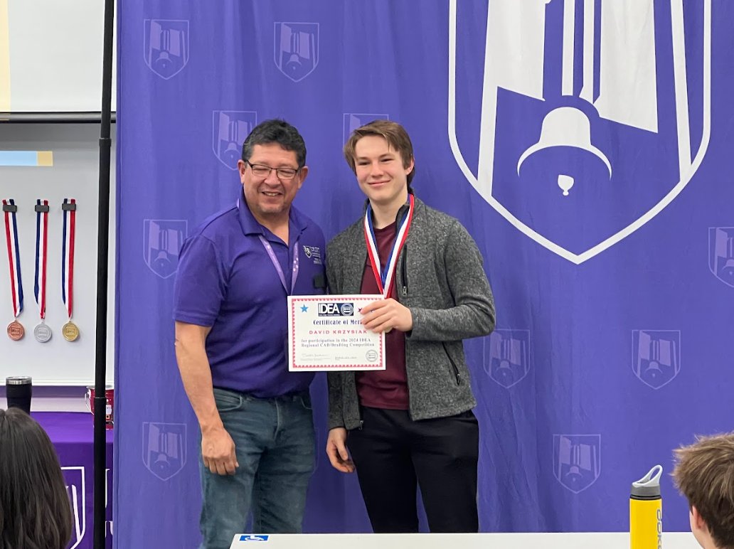 Congratulations to David Krzysiak who placed 1st in the 3D CAD Modeling competition at the @IllinoisDEA Regional Competition at @JolietJrCollege. We are so proud of all of your hard work and accomplishments. @LockportHS205