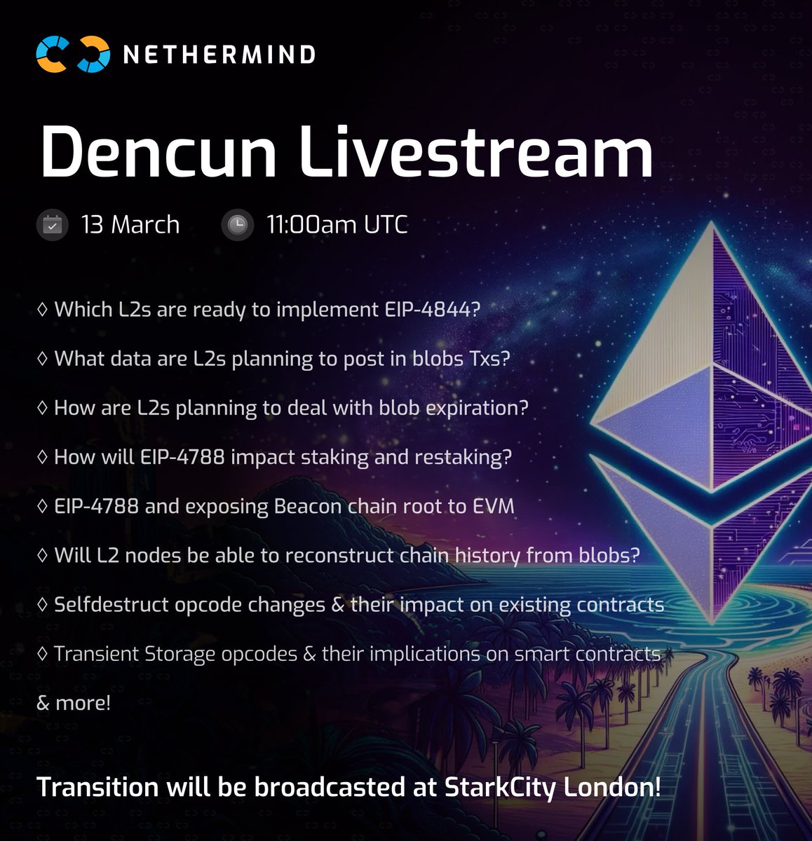 Watch Ethereum’s Dencun transition live with Nethermind, Core devs, L2 builders, and Ethereum researchers! 🔗 youtube.com/live/E_i4e-oU_… We're hosting guests from the entire ecosystem! L2 builders @starknet, @OPLabsPBC @m_ratsim from @taikoxyz @DeclanFox14 from @LineaBuild