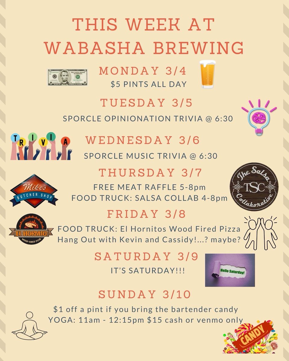 🚨Here’s all the Happenings this week at Wabasha Brewing! 🚨Trivia 🧠 Food Trucks 🚚 deals! 💸
Oh! And several new beers are just around the corner🍻

#mncraftbeer #newbeer #foodtruck #springishere #trivia