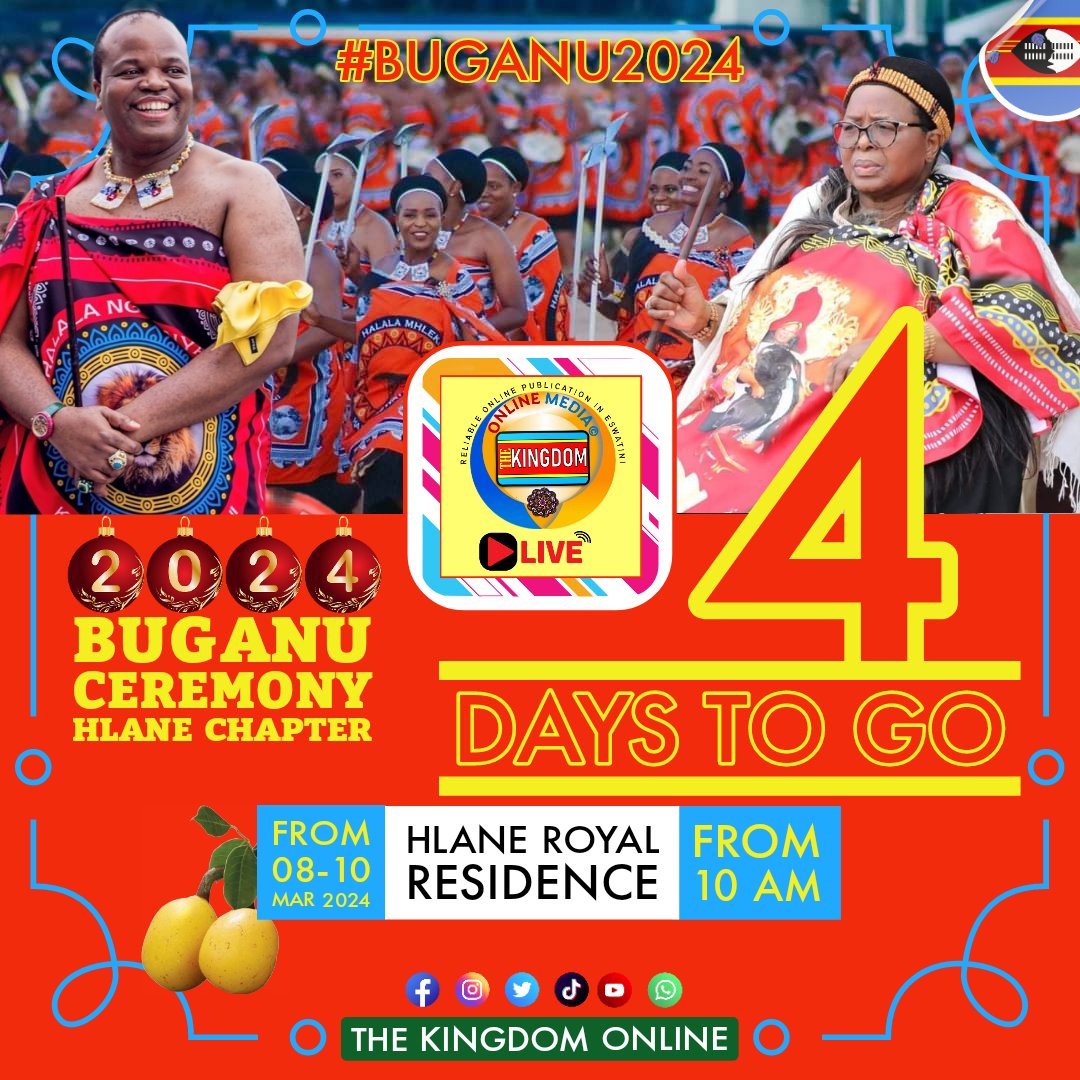 TheKingdom22's tweet photo. π₯πΈπΏπ« BUGANU CEREMONY HLANE CHAPTER: 4 DAYS TO GO...
Are you ready for the Final Chapter of Buganu Ceremony at Hlane Royal Residence? Ungasali. It is happening in 4 days from today. Bayethe! Wena Waphakathi! Nkhosi, Ndlovukazi! Mhlekazi!
#Buganu2024
#Eswatini https://t.co/MvGtmuGN6Z