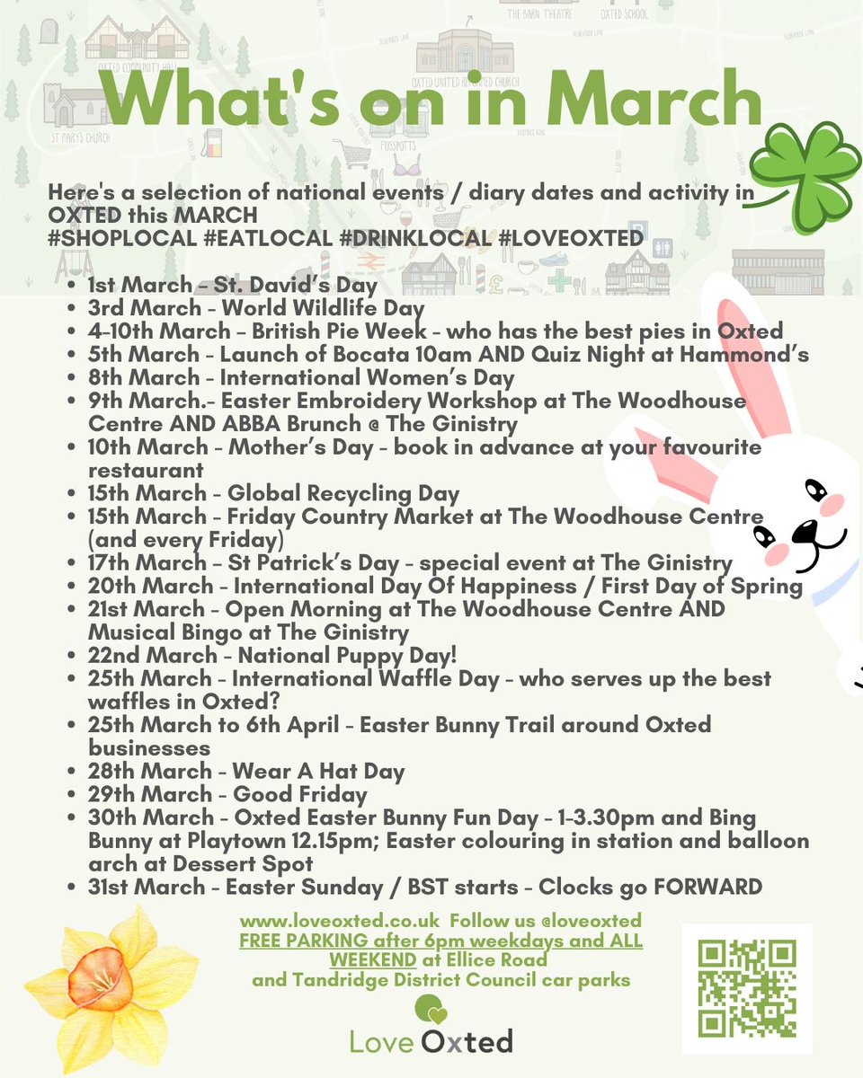 Lots going on in MARCH! Here's a selection of national events / diary dates and activity in OXTED this MARCH #SHOPLOCAL #EATLOCAL #DRINKLOCAL #LOVEOXTED There will be more to add, so keep your eyes peeled to our insta posts and stories.