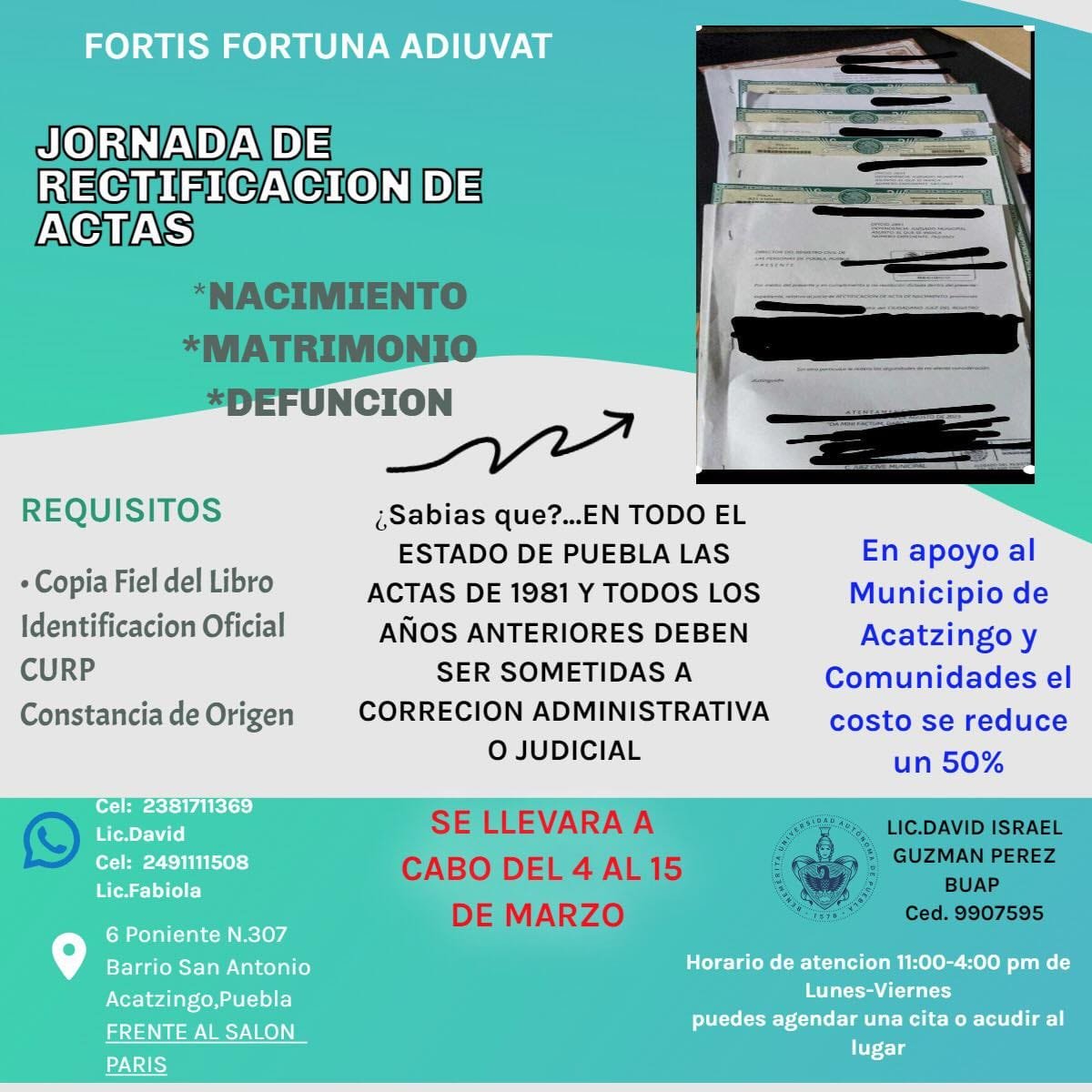"PUBLICIDAD.". ACATZINGO.
"HOY ES EL DÍA HOY LUNES 4 DE MARZO EMPEZAMOS CON ESTÁ JORNADA TAN IMPORTANTE  PARÁ COMPONER SUS DOCUMENTOS EN UNA JORNADA QUE NO VOLVERÁ."