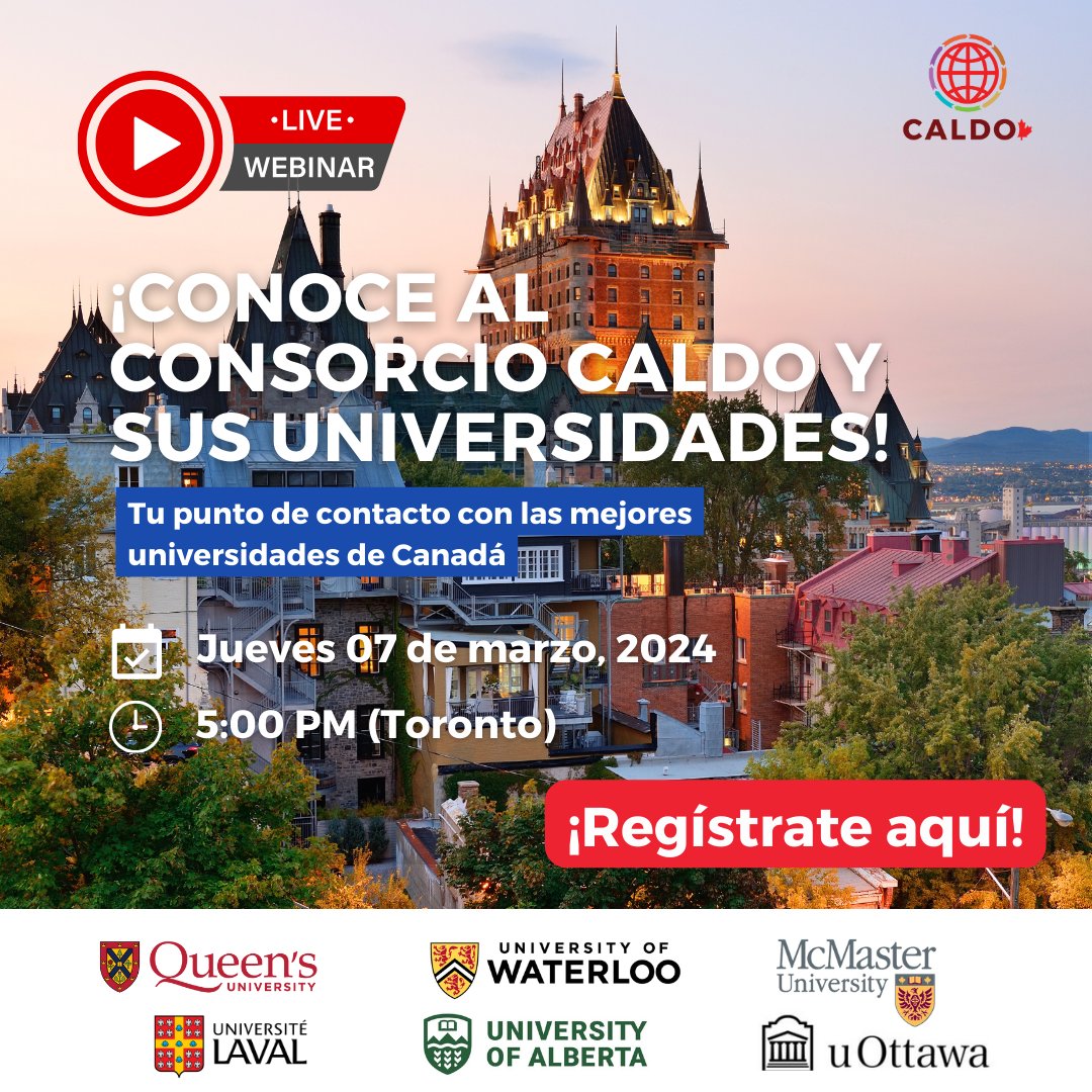 Are you looking for study abroad opportunities? Find out how to get a unique experience in Canada with CALDO Consortium Universities! Informative webinar on March 7th - 7pm (MVDEO time). Sign up! forms.gle/ejDaqWxQTntHJ5… #studyincanada
