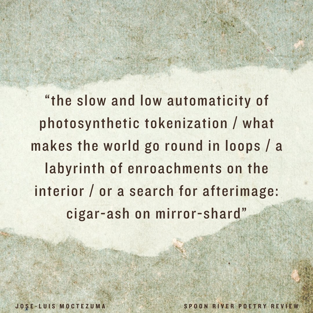 From <a href="/SRPR_News/">SRPR 🥄</a> Issue 48.1, poet <a href="/jlmoct3zuma/">Jose-Luis Moctezuma</a> brings a unique bundle of works to the Spoon River Poetry Review’s previous summer publication. Read an excerpt of “NFT” and the rest of his works here:
Link: srpr.org/past_issues/to…