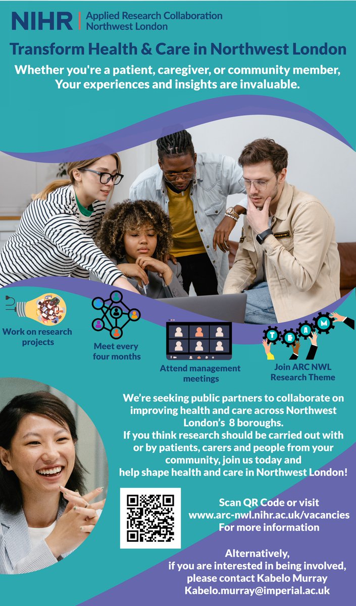 Exciting opportunity alert!📣Join NIHR ARC NWL's Public Partners Advisory Group and help shape the future of healthcare in NWLondon. From advising on priorities to working on research projects, your voice matters. Join us now! 💻arc-nwl.nihr.ac.uk/vacancies @nihrarcs #MakeADifference