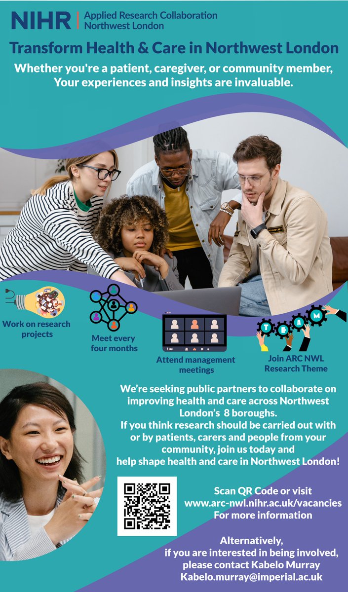 Exciting opportunity alert!📣Join NIHR ARC NWL's Public Partners Advisory Group and help shape the future of healthcare in NWLondon. From advising on priorities to working on research projects, your voice matters. Join us now! 
💻arc-nwl.nihr.ac.uk/vacancies @nihrarcs #MakeADifference