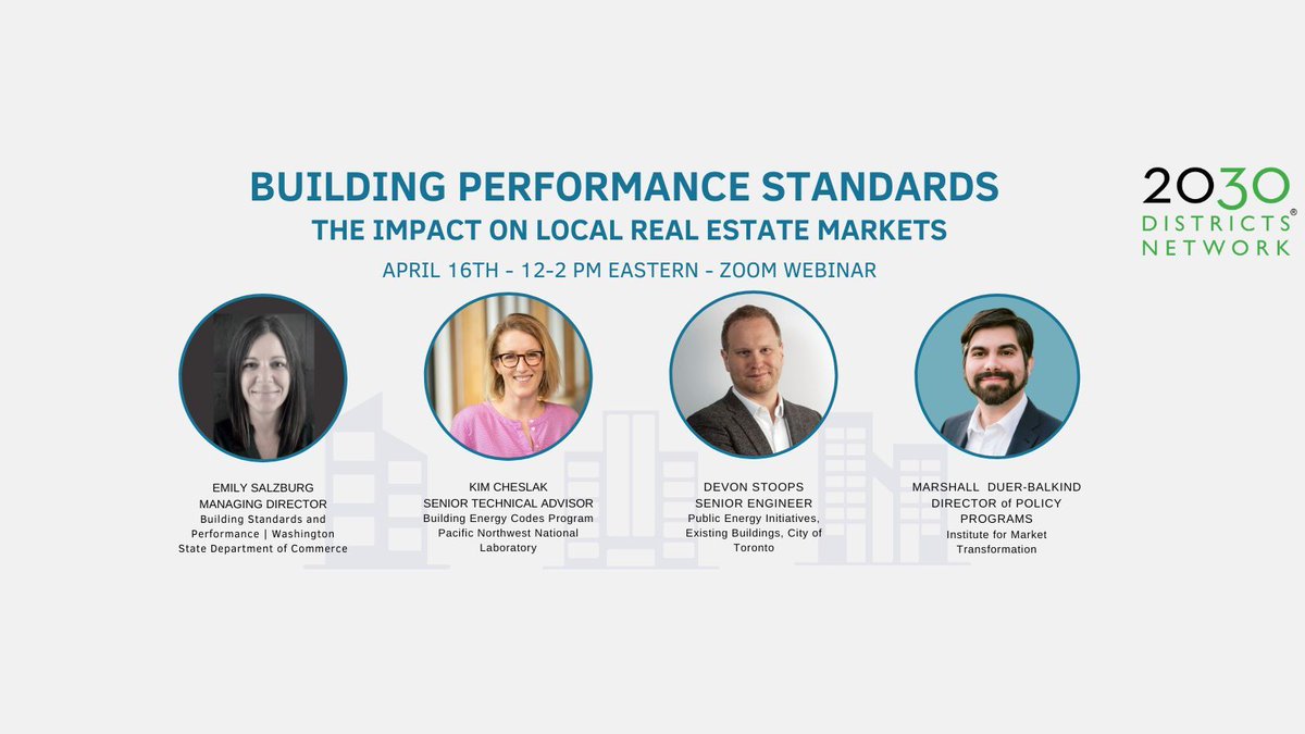 2030 Districts Network April 16th webinar will be an in-depth look at Building Performance Standards. We have assembled a panel of experts to discuss the topic and explore both the genesis of the idea as well as the implications. Purchase tickets - buff.ly/3P3GsKG