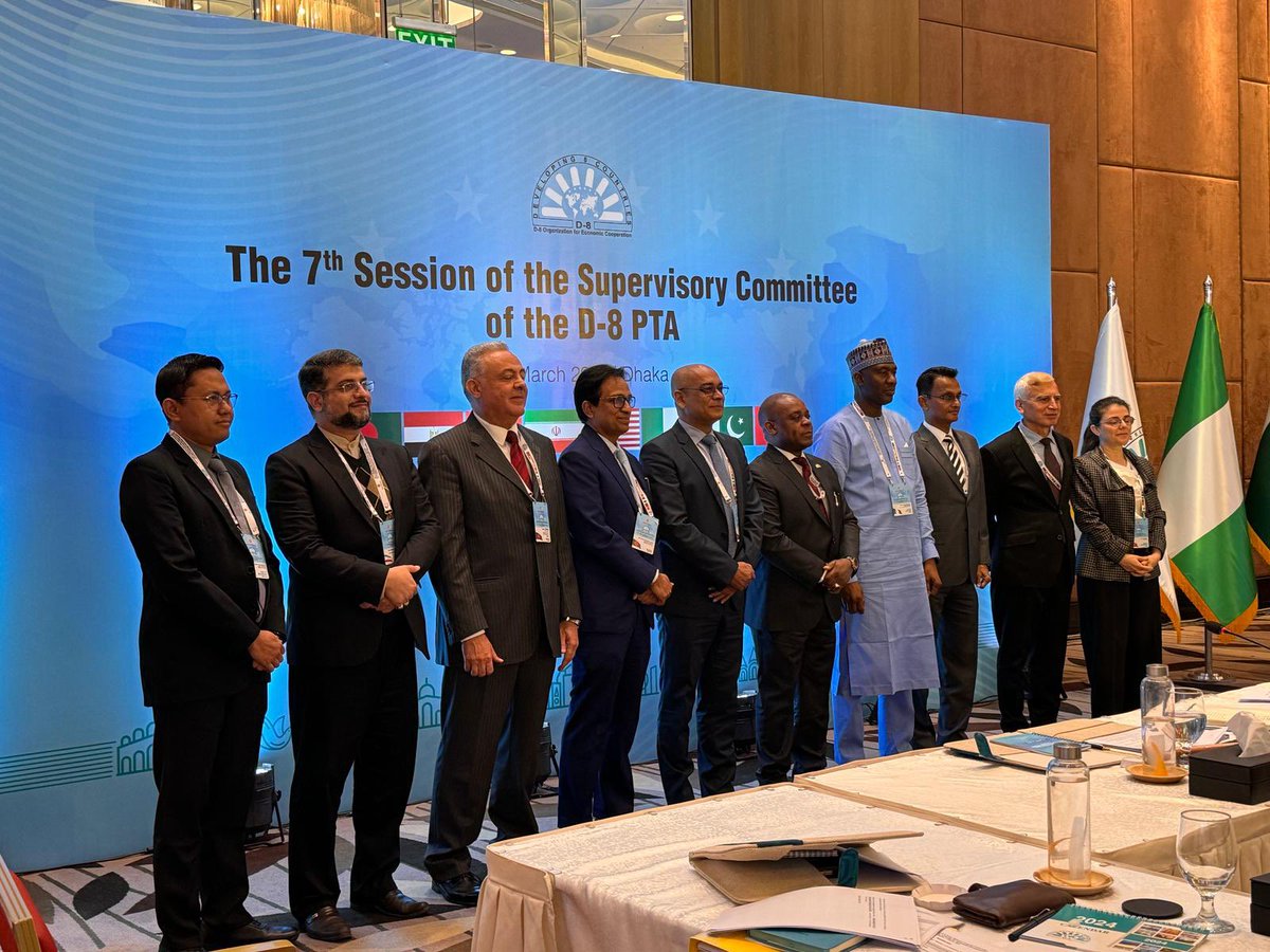 D8org's tweet photo. The @D8org organized the 7th Session of the Supervisory Committee of the D-8 Preferential Trade Agreement (SC PTA), hosted by the Ministry of Commerce of the People’s Republic of Bangladesh in Dhaka today (4 March).  

The session deliberated on novel and creative ways for the #D8 Member States to effectively operationalize the Preferential Trade Agreement Among D-8 Member States (D-8 PTA). 

The Session endorsed the Dispute Settlement Mechanism Protocol to the D-8 PTA, the Paper on Trade Facilitation Strategy, and the “Dhaka Declaration on Trade Cooperation.” Those three documents are expected to be adopted by the D-8 Trade Ministers Council during its Third Session, scheduled in Dhaka on 5 March 2024. 

#DYK that the D-8 Member States signed the PTA in 2006. The Agreement has been in force since 2011 and is now on the verge of full ratification by all D-8 Member States. The D-8 PTA comprises more than 1,200 lines of products that can be traded on a lower tariff than regular. 

#D8PTA #D8Trade #D8TradeMinistersCouncil #D8TMC
