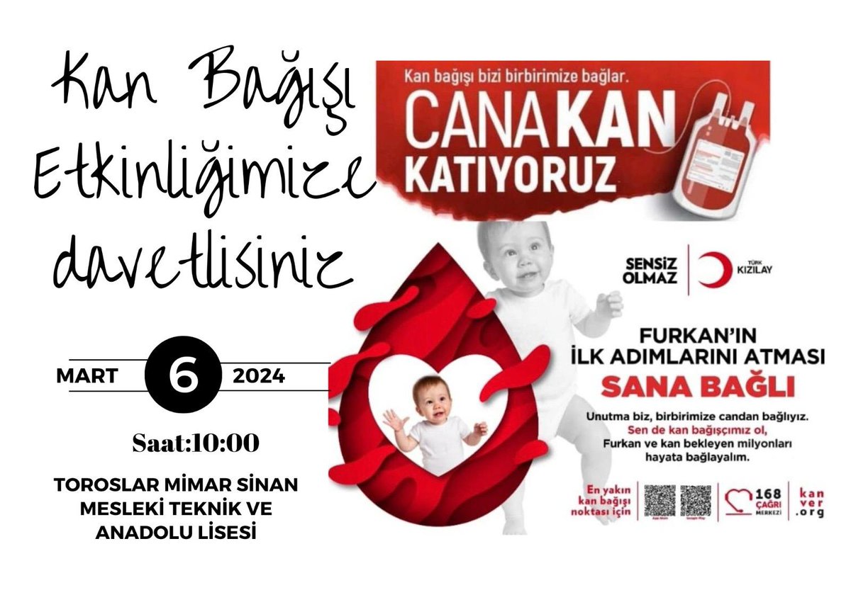 MersinMesleki's tweet photo. 📢#MeslekiEgitimHerYerde

Kızılay Mersin Şubesi ve Toroslar Mimar Sinan MTAL tarafından düzenlenen"Kan Bağışı"etkinliğinde sizleri de aramızda görmekten mutluluk duyarız👇

#CanaKanKatiyoruz🇹🇷

📌Mimar Sinan MTAL
🗓️06.03.2024
⏳10:00

@Yusuf__Tekin
@ahpehlivan53
@fazilet_durmus https://t.co/gDzYeHUVCO
