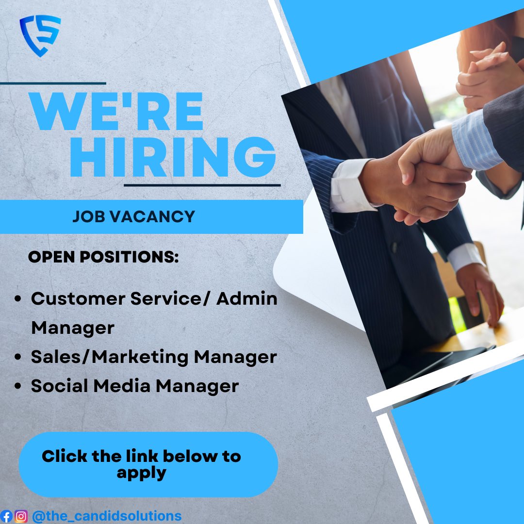 We are Hiring… Click link below to apply. 

linktr.ee/the_candidsolu…

#AutomationRevolution #ConsultationWin
#BusinessTransformation
#BusinessConsulting #BusinessSolutions #Consulting Firm
#BusinessStrategy#SmallBusinessConsulting
#ManagementConsulting #Entrepreneurship #Marke