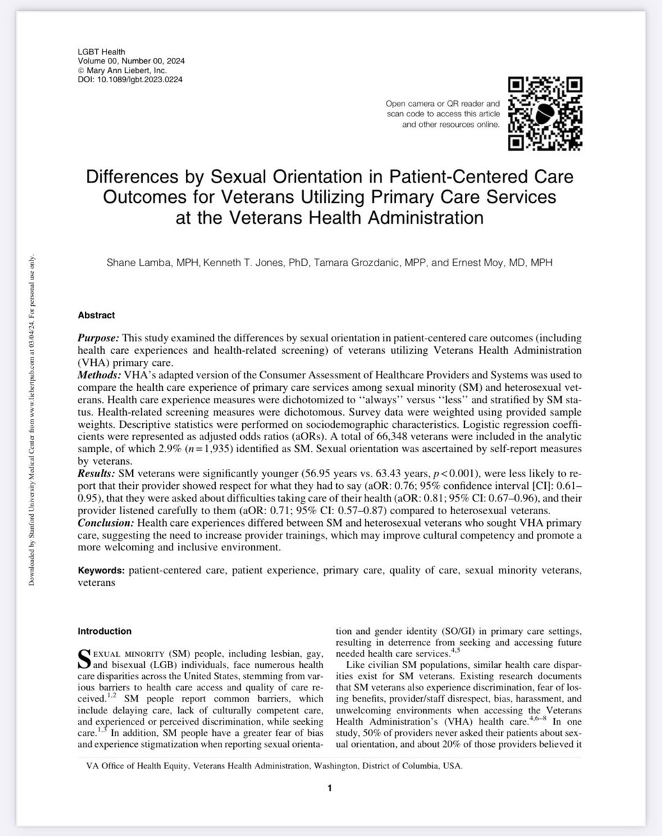 NEW PUBLICATION 🚨 My MPH research got published today in @LGBTHealthJrnl We discuss patient-centered care outcomes for sexual minority (SM) were less likely to have positive healthcare exps. Suggesting the need for provider education & resources tinyurl.com/2p87wujn