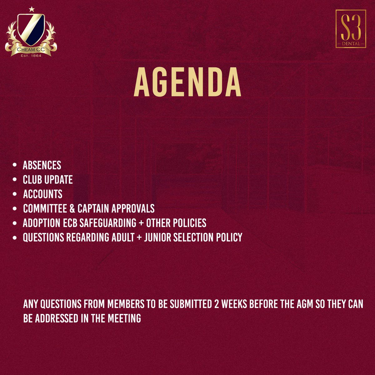 Cheam Cricket Club (@cheam_cc) on Twitter photo Join our Annual General Meeting to shape our future. 
See the Agenda
#AGM2024 Join our Annual General Meeting to shape our future. 
See the Agenda
#AGM2024