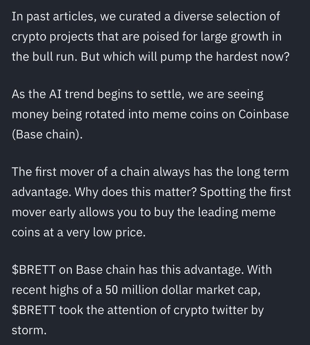van00sa's tweet photo. Small tweet on Base chain & $BRETT 

I have become increasingly more bullish on Base. Everything is pointing towards a MASSIVE airdrop: 

The new wallet Coinbase just released, all the different free NFT mints they’re doing and on top of that the announcement from @friendtech today sending the OTC price of their points to $10. All this plus a possible airdrop I see coming for Base will send FOMO sky high. 

Where does that money flow? MEMES 

There aren’t a whole lot of fundamentally strong projects on Coinbase’ chain yet but there are memes that are flying aka $BRETT

I wrote an article on it early today via Binance square. I am bullish on Base & the ecosystem that surrounds it.