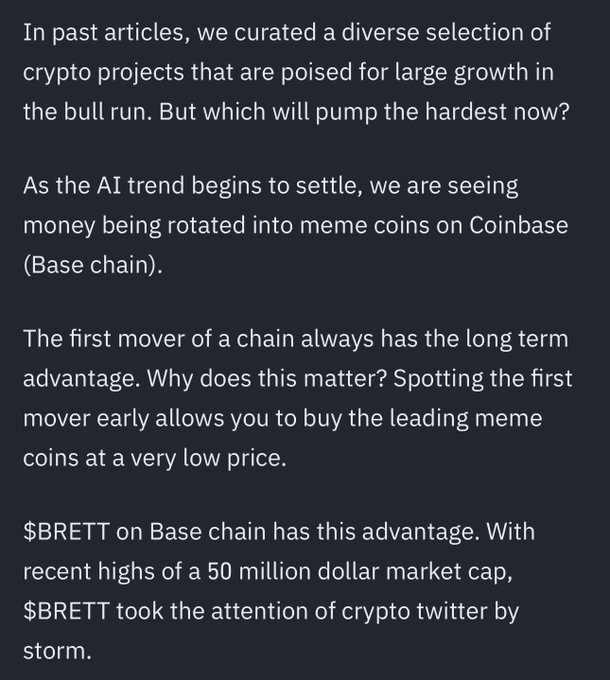 Small tweet on Base chain &amp; $BRETT   I have become increasingly more bullish on Base. Everything is pointing<a href="/tag/binancecampus"class="tags"><span>#binancecampus</span></a>