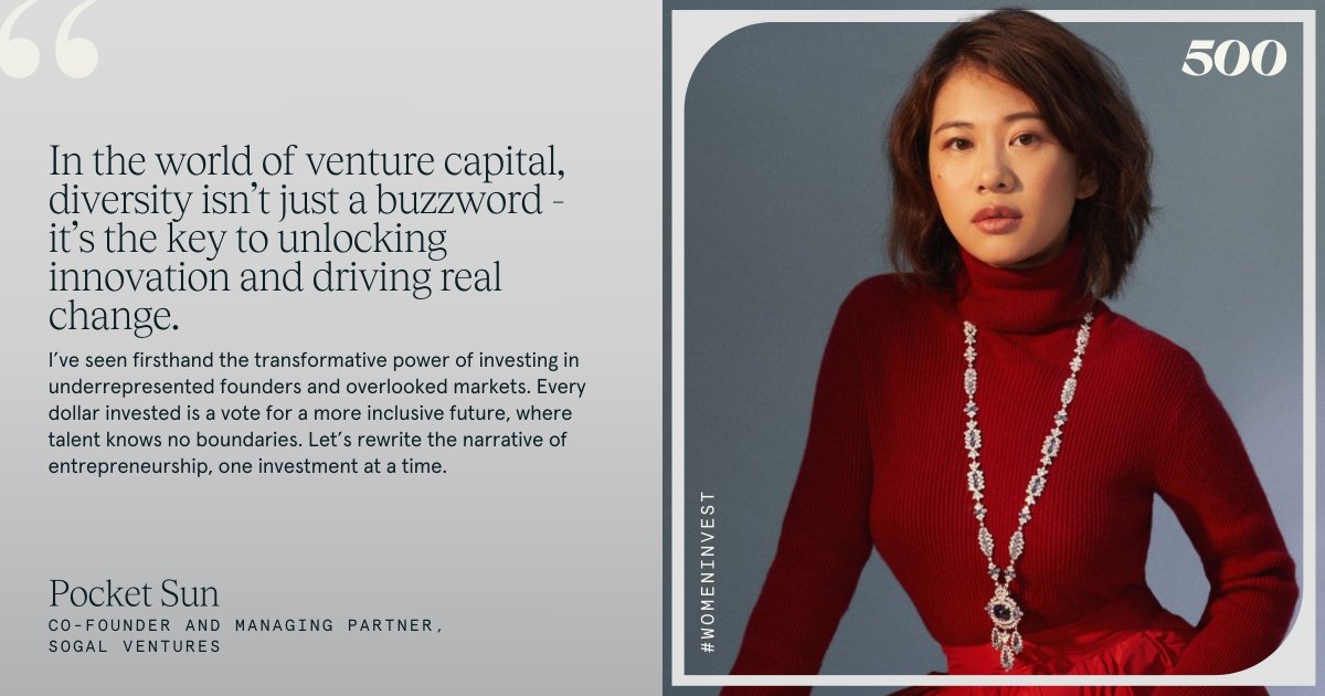 500GlobalVC's tweet photo. Pocket Sun, Co-Founder of @sogalventures, believes diversity is the key to innovation, having seen the power of investing in underrepresented groups.
She was part of the inaugural cohort of #VCUnlocked: Silicon Valley in 2015. Explore the 2024 program: https://t.co/NSxf0ToC8b https://t.co/dXeWnkgHic