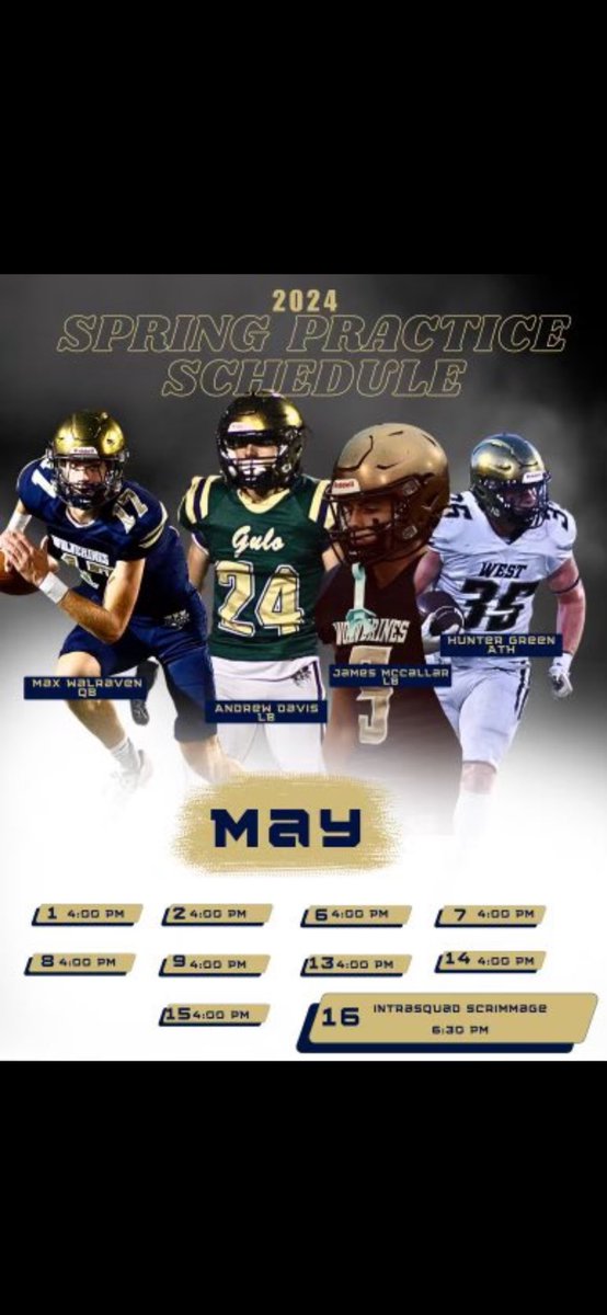 College Coaches of All Levels! Come by to West Forsyth HS starting May 1st so you can check out our guys!! Class of ‘25, Class of ‘26, & Class of ‘27 will all be on display this Spring Ball! Please let @DaveSvehla @CoachJNich or @DBarker2442 know! #RecruitWest #WeAreWest #MaskUp