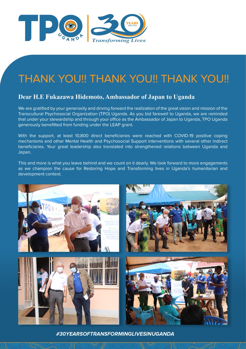 TpoUg's tweet photo. #30YearsofTPOUg As we bid farewell to H.E Fukuzawa Hidemoto, outgoing Ambassador of #Japan to #Uganda @JapanEmb_Uganda we take pride in his dedication to uplifting communities. @TpoUg is a great beneficiary of the #LEAPgrant through @unwomenUganda #30yearsoftransforminglives https://t.co/VcD5c8Y5Kb