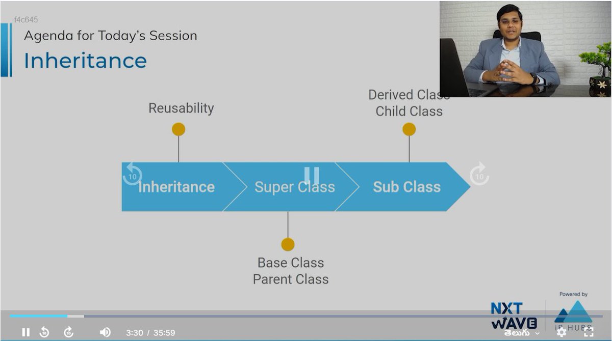 mohan_tigala's tweet image. Hello Connections :-)
Today was day #43 of #75daysoflearningandcodingchallenge.
Today i have completed my class on #Inheritance.
#Inheritance :- #Reusability
#Superclass :- #Base_Class #parent_Class
#Subclass :- #Derived_Class #Child_Class
Thanks to #NxtWave team.
#consistency