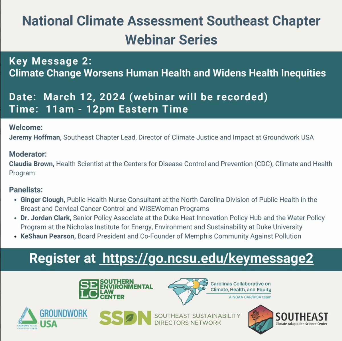 🚨🌳🌲🏘️🌆⛈️ #NCA5 Southeast Chapter Webinar alert! Next Tuesday (3/12/24, 11am-12pm EST), we're hosting our second webinar installment all about Key Message 22.2 - Climate Change Worsens Human Health and Widens Health Inequities. Please RT and share with your networks!