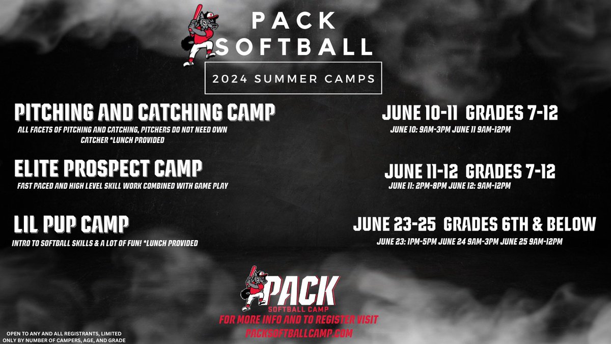 June camps are live on our website!! Check out packsoftballcamp.com for more information and to register. #WOLF 🐺