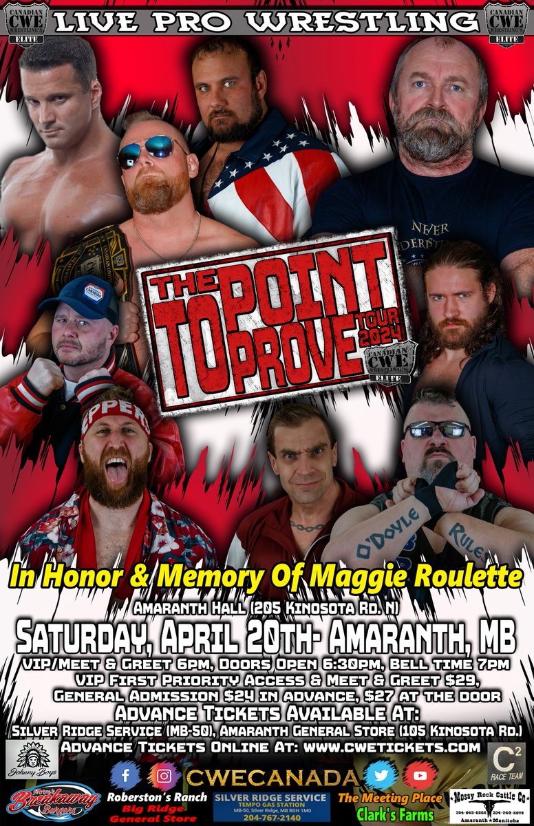 Apr 20 @CWECanada #Amaranth #Manitoba Ft @HotshotDannyD @meccaholic @ronnieattitude @StardomRob @sammypeppers_ @josh_cheeks @kevinjhcannon @KevinODoyle1 @MervungerJr @TGCTS & more! #cwe #wrestling