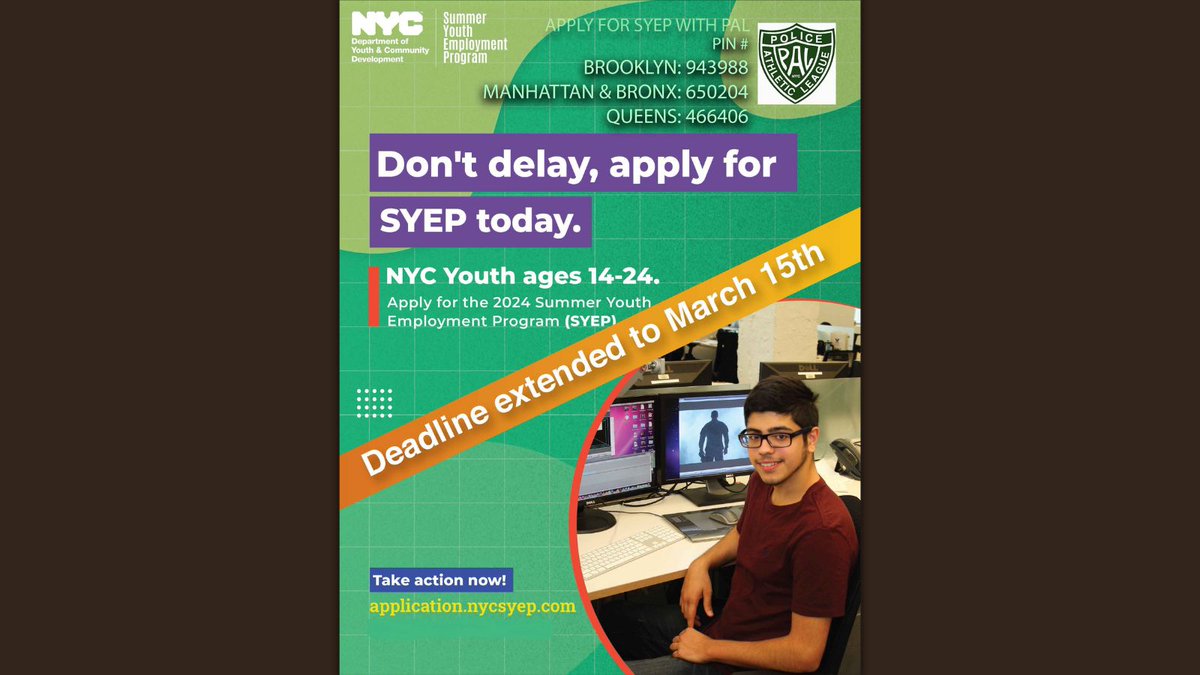 🚨 Deadline Alert: The 2024 PAL Summer Youth Employment Program deadline is now March 15th! Extra time to make this summer yours. Ages 16-24, apply now with PAL & use your borough’s PIN. Don’t miss this extended chance! 🎉 application.nycsyep.com #Palnewyork