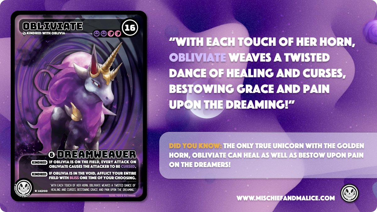 MischiefMalice_'s tweet photo. Introducing: Obliviate!

The only true unicorn with the golden horn, Obliviate can heal as well as bestow upon pain on the dreamers!

Join our server through the link below:👇

https://t.co/1j4EPUvb2e #mischiefandmalice https://t.co/lwCQsrN9Ha